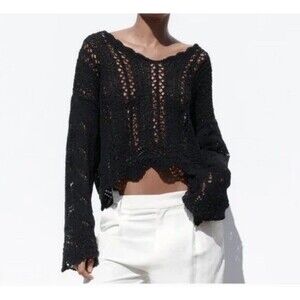 ZARA Women's Black Knit Sweater Crotchet Flare Sleeve Boho Long Sleeve Large